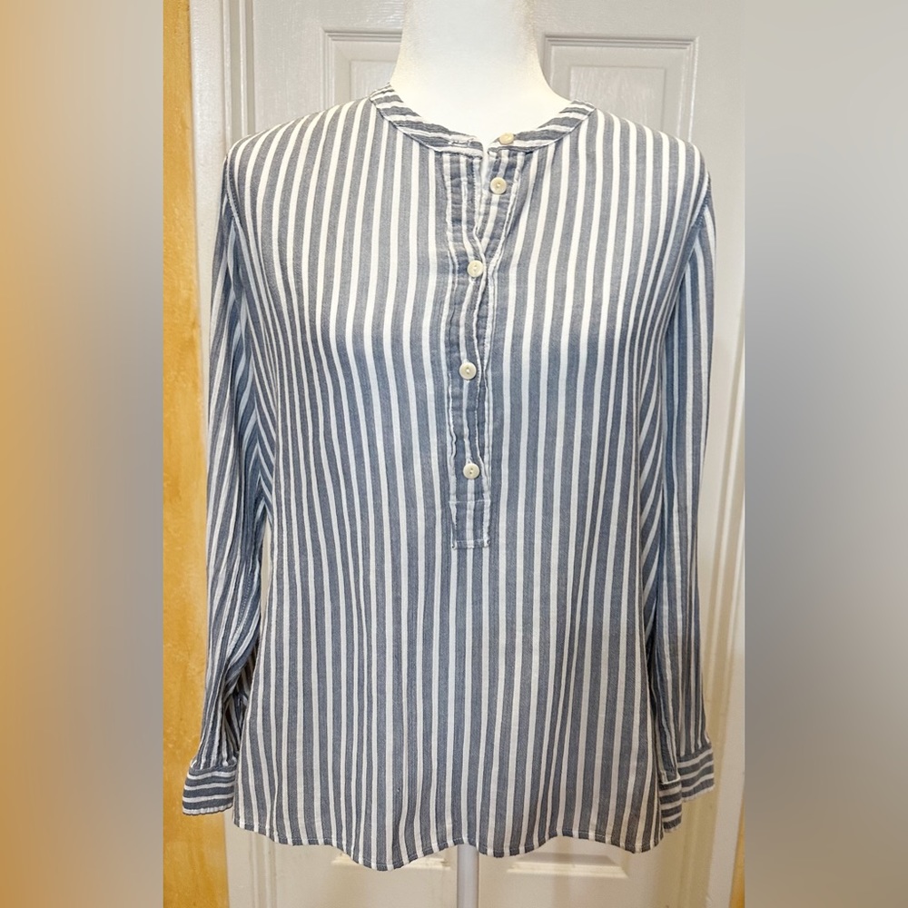 J. Crew blouse gray white stripe cotton gauze tunic long sleeve size 6